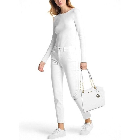 New Michael Kors Jet Set Large Saffiano Leather Shoulder Bag Optic White - Picture 2 of 3